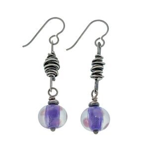 Estate Artisan Sterling Silver Purple Pink Polka Dot Glass Bead Dangle Earrings